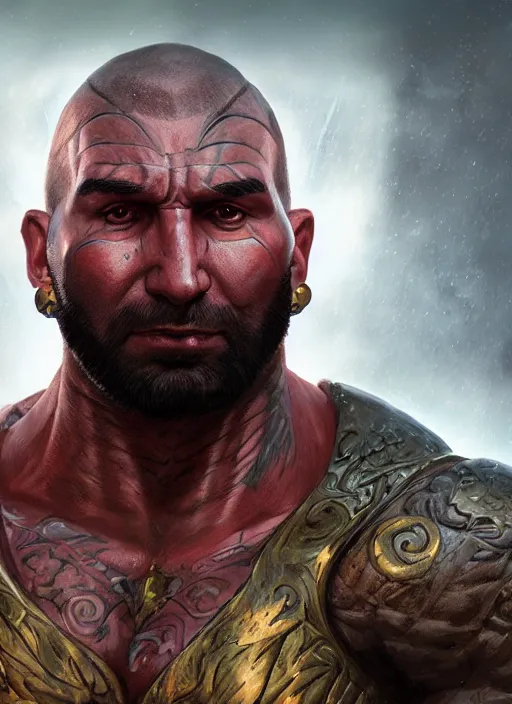 Image similar to A fantasy comic book style portrait painting of Dave Bautista as epic warrior in a stunning fantasy fortress, unreal 5, DAZ, hyperrealistic, octane render, RPG portrait, dynamic lighting