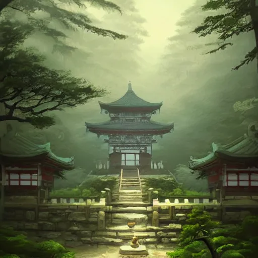 Image similar to concept art by sylvain sarrailh of a haunted japan temple, a short stone path stairs, asiatic forest