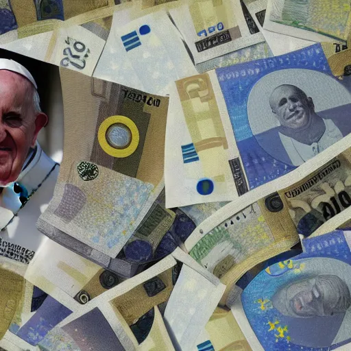 Image similar to A medium shot photograph of the pope laying on a huge pile of euro bills, 4k ultrahd