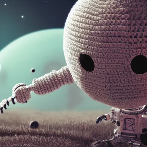 Image similar to cute robot crochet astronaut traveling alone on a yarn planet. shot from behind, cute, illustration, digital art, inspired by little big planet, by greg rutkowski, detailed, sharp, masterpiece, highly detailed, photorealistic, octane render, 8 k, unreal engine 5, trending on artstation, cinematic