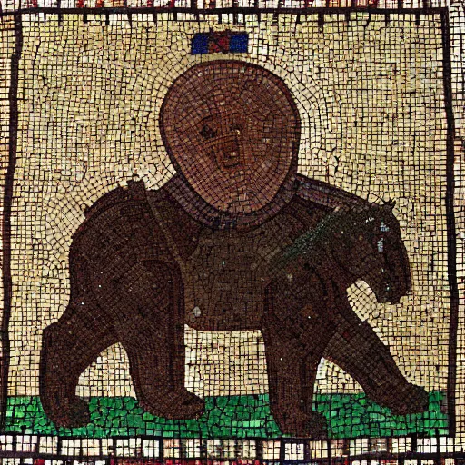 Image similar to a large teddy bear wearing chainmail, on a horse byzantine mosaic