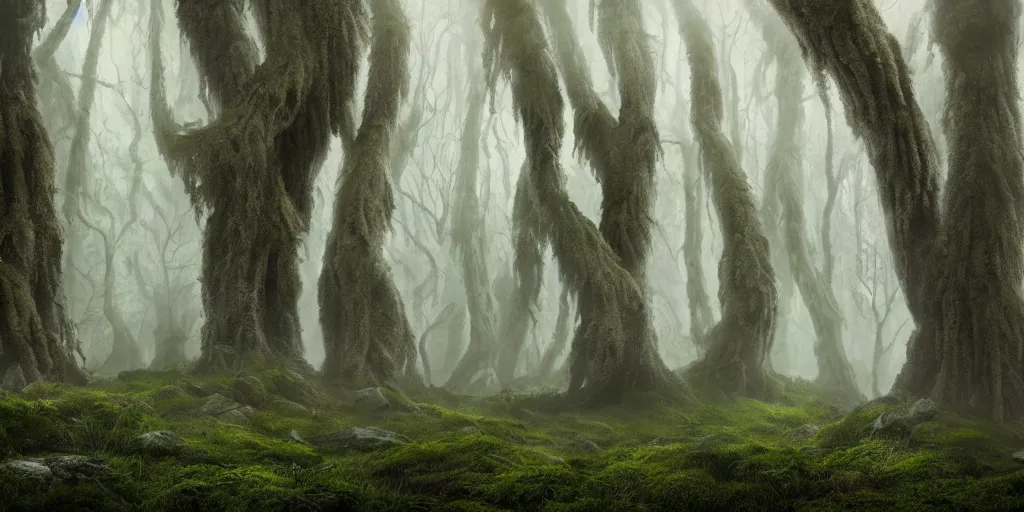 Prompt: beautiful majestic artstation cinematic matte painting of a knight in armour in a foggy forest with giant twisted mossy trees