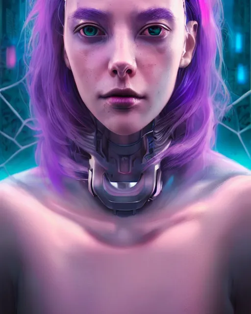 Prompt: portrait of a aesthetic beatiful woman with violet hair as a cyberpunk cyborg with tear drop on face, sci - fi, missing panels, intricate abstract upper body intricate artwork, by tooth wu, wlop, beeple, dan mumford. concept art, octane render, deviantart, greg rutkowski, cinematic, key art, hyperrealism, iridescent accents