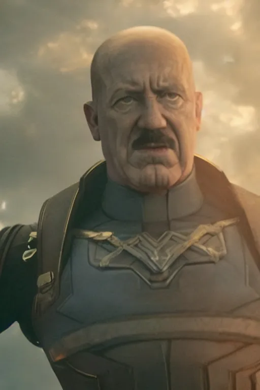 Image similar to a still of Hitler as Thanos in Avengers Endgame, close-up, sigma male, rule of thirds, award winning photo, highly detailed features, raining, ethereal lighting, Nazi pyramid backdrop