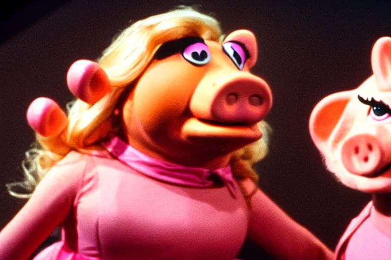 Prompt: film still of miss piggy in cosmic horror! the musical by david cronenberg, horror sci fi, 3 5 mm film, atmospheric, ultra fine detail, film grain, photorealistic, hyperrealistic dramatic lighting