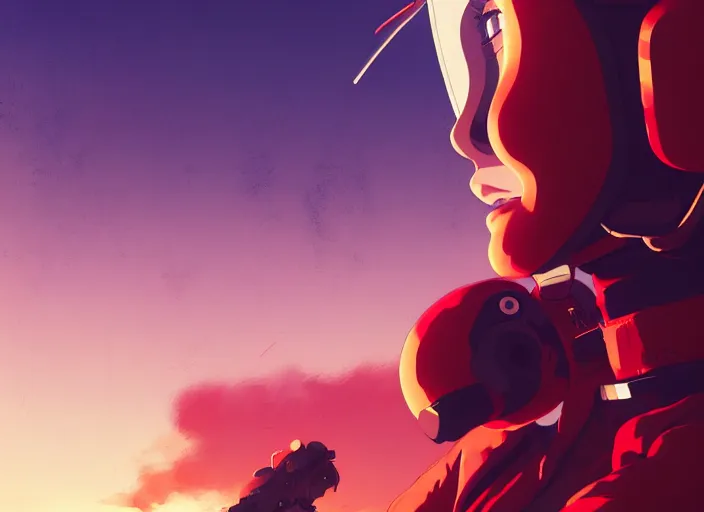 Prompt: portrait of pilot girl talking, red sky background, chaotic landscape, illustration concept art anime key visual trending pixiv fanbox by wlop and greg rutkowski and makoto shinkai and studio ghibli and kyoto animation, red body suit, military gear, red crow 1, grimdark