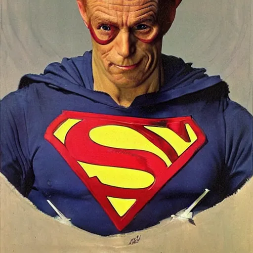 Image similar to A frontal portrait of a person wearing a deeply disturbing superhero costume. A painting by Norman Rockwell.