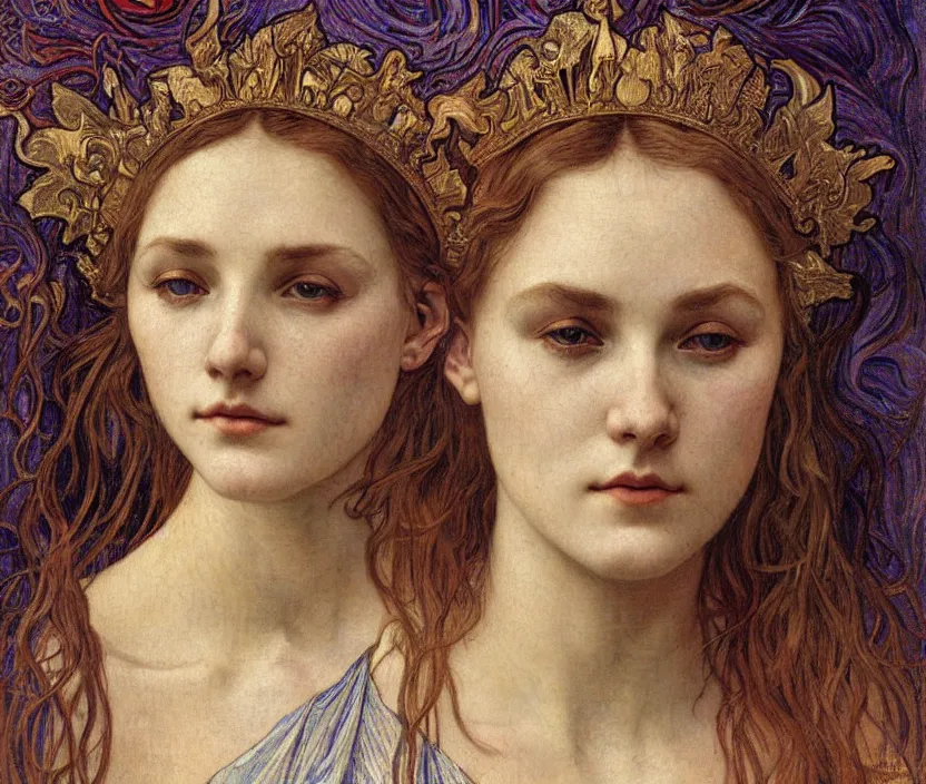Image similar to detailed realistic beautiful young medieval queen face portrait by jean delville, alphonse mucha, vincent van gogh, and marco mazzoni, art nouveau, symbolist, visionary, gothic, pre - raphaelite