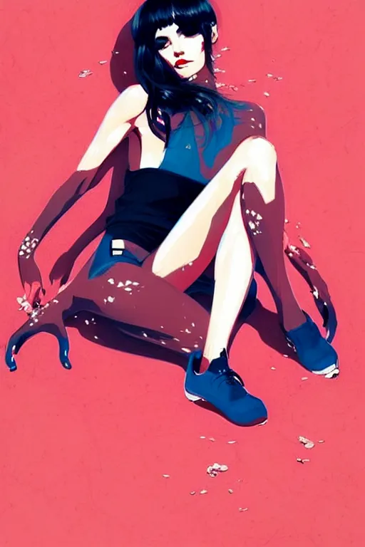 Image similar to a ultradetailed beautiful painting of a stylish woman sitting on the floor of a tiled room, by conrad roset, greg rutkowski and ilya kuvshinov trending on artstation