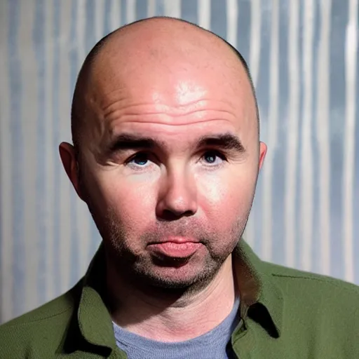 Image similar to Karl Pilkington, very very very very very very very very very very round shiny head