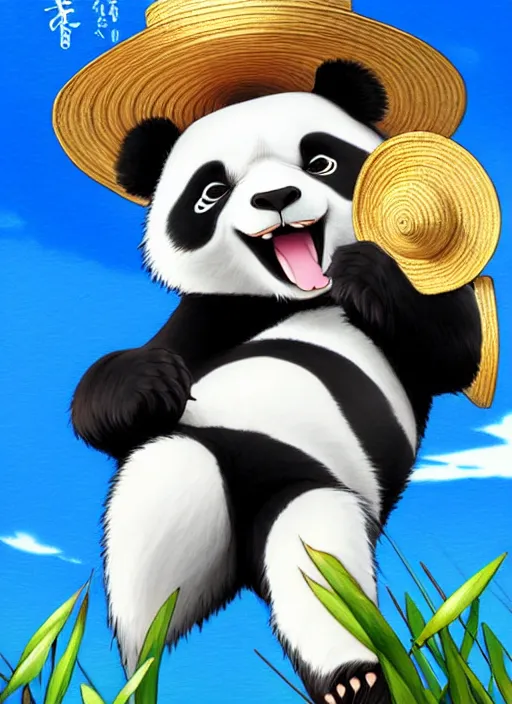 Prompt: cute panda wearing straw hat trading card design, natural lighting, path traced, highly detailed, high quality, digital painting, by don bluth and ross tran and studio ghibli and alphonse mucha, artgerm