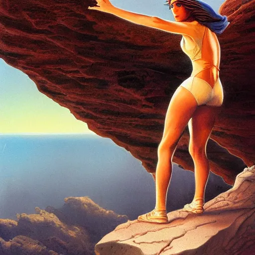 Prompt: teenage emo woman standing on a cliff, heroic, epic, matte painting by Boris Vallejo