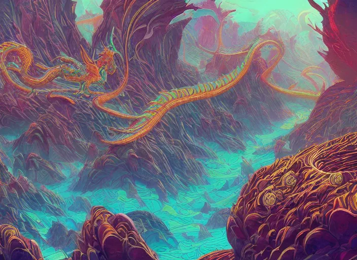 Image similar to psychedelic concept art of a dragon landscape made of thousands of spiraling dragons, cel shaded, in the style of makoto shinkai and moebius and peter mohrbacher and anton fadeev