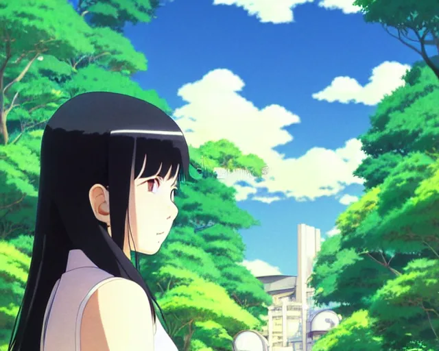 Image similar to hinata hyuga, park in background, bokeh. anime masterpiece by Studio Ghibli. illustration, sharp high-quality anime illustration in style of Ghibli, Ilya Kuvshinov, Artgerm