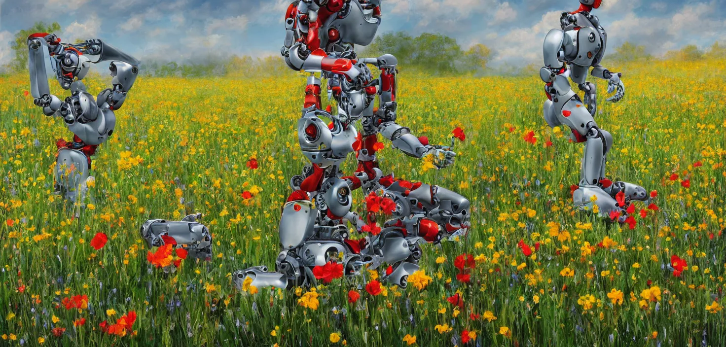 Image similar to detailed digital painting of a robot picking a flower in a beautiful open field, VISTA photography by Carr Clifton Galen Rowell