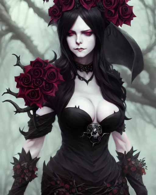 Image similar to beautifully dressed dark sorceress surrounded by black roses horns and skulls, cushart krenz, very detailed, realistic face, detailed face, matte, tonemapping, bbwchan, perfection, 4 k, cushart krenz