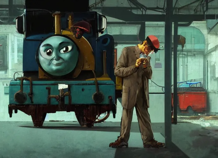 Prompt: a still from gta and thomas the tank engine by francis bacon, surreal, norman rockwell and james jean, greg hildebrandt, triadic color scheme, by greg rutkowski, in the style of francis bacon and edward hopper and beksinski, dark surrealism, grand theft auto video game, a still from the film alien