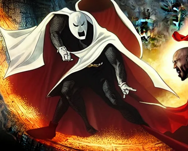 Prompt: fine concept art of moon knight vs dr. strange, in the tv marvel movie moon knight, photorealistic