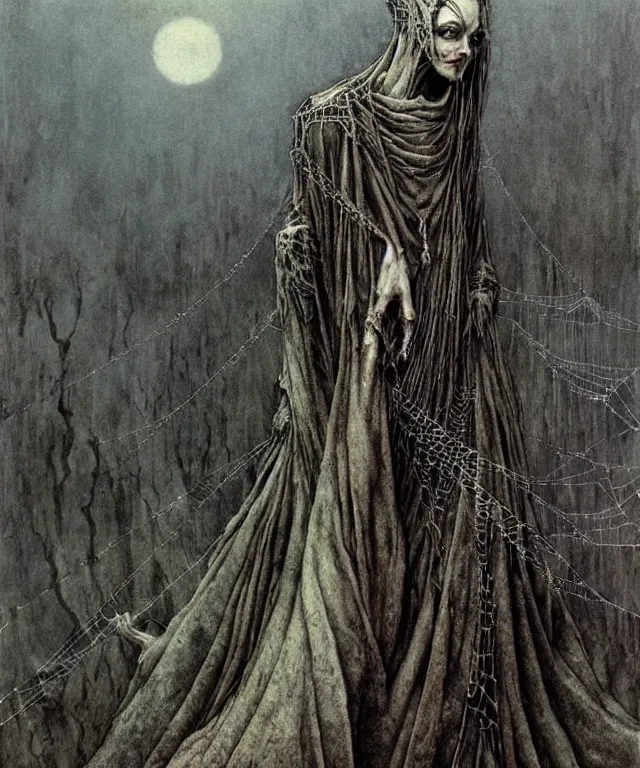 Image similar to a detailed creepy woman with many spider joints stands among the hills. wearing a ripped mantle, robe. perfect faces, extremely high details, realistic, fantasy art, solo, masterpiece, art by zdzislaw beksinski, arthur rackham, dariusz zawadzki