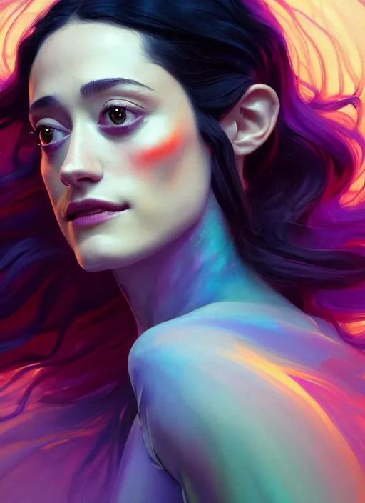 Prompt: side profile centered painted portrait, emmy rossum as a beautiful necro mancer, lord of the rings, gloomhaven, matte painting concept art, art nouveau, beautifully backlit, swirly vibrant color lines, fantastically gaudy, aesthetic octane render, 8 k hd resolution, by ilya kuvshinov and cushart krent and gilleard james