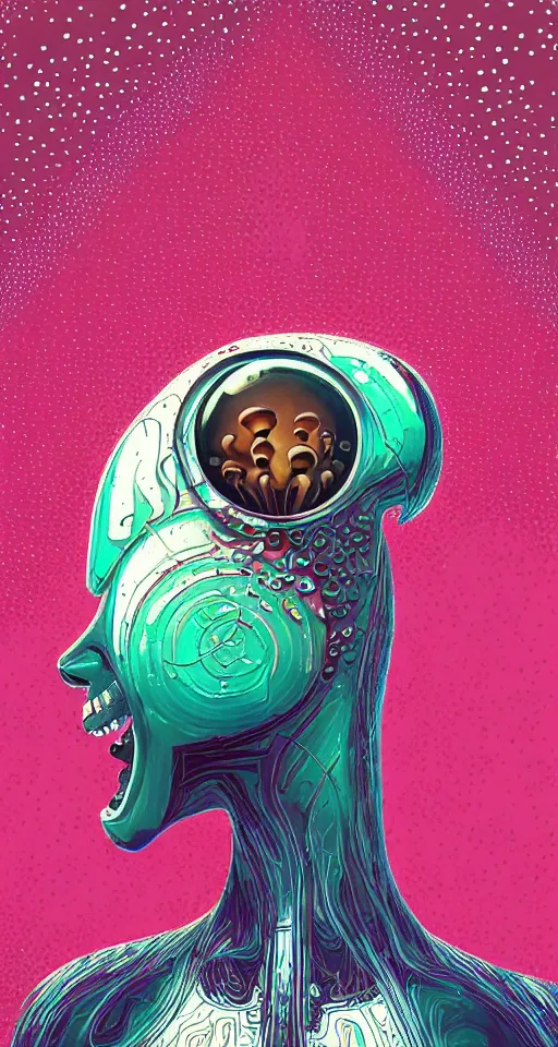 Image similar to art deco close up portait of mushroom head with big mouth surrounded by spheres, rain like a dream digital painting curvalinear clothing cinematic dramatic fluid lines otherworldly vaporwave interesting details epic composition by artgerm basquiat