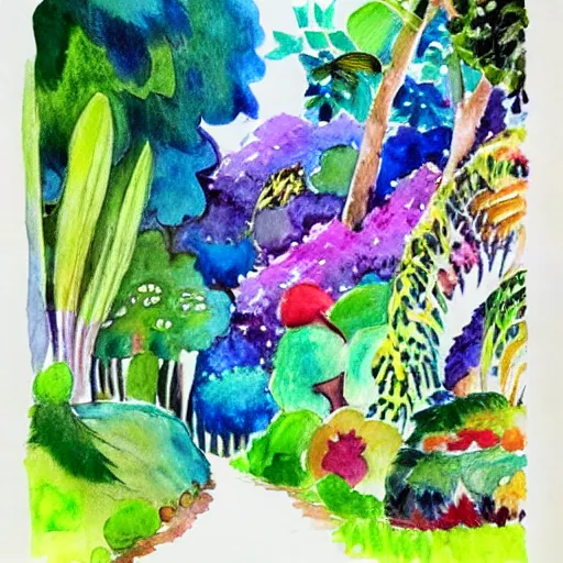 Image similar to a colorful rainforest, watercolors and ink, ,