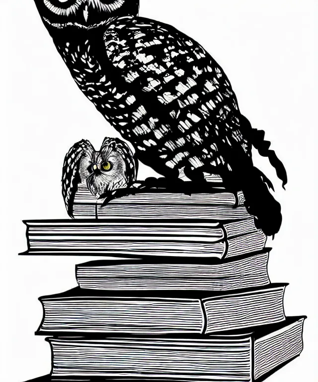 Image similar to owl perched on top of a stack of books, art by james o barr, black ink, black and white, vector, vector art