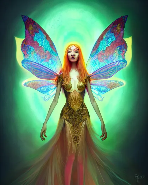 Image similar to portrait, stunningly beautiful female faerie priestess in amanita muscaria forest landscape, symmetrical wings on back, neon hair, wearing a dress of gossamer gold, inner glow, illustration, dramatic lighting, soft details, painting, art nouveau, octane render, 8 k, hd, by brom, faces by otto schmidt