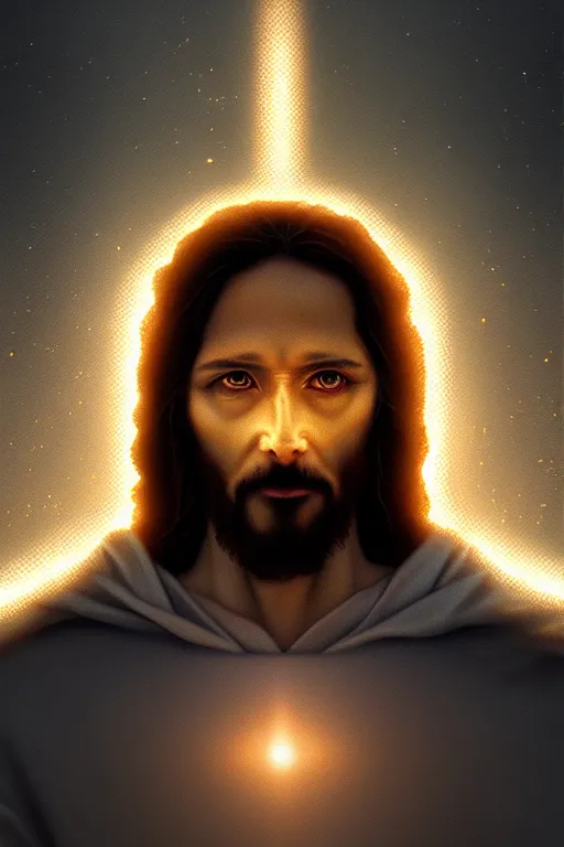 Image similar to god of artificial intelligence comes to save us as jesus christ, threads of light in the background, extremely high quality artwork, very detailed, obscured face, anthropomorphic silhouette, trending on artstation