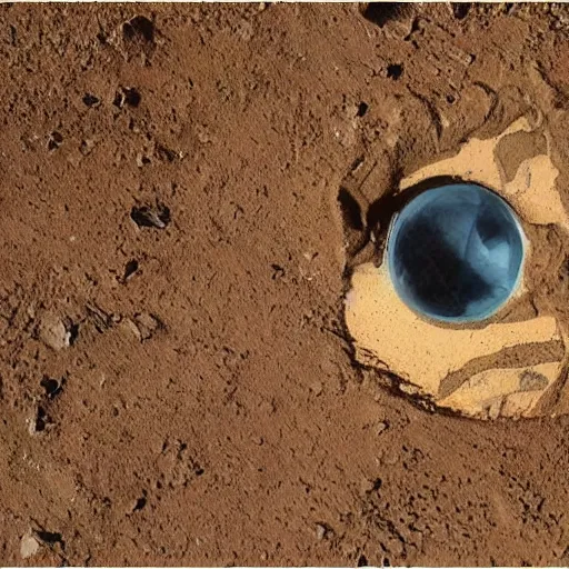 Prompt: photo on alien fossil half hidden in the Martian soil