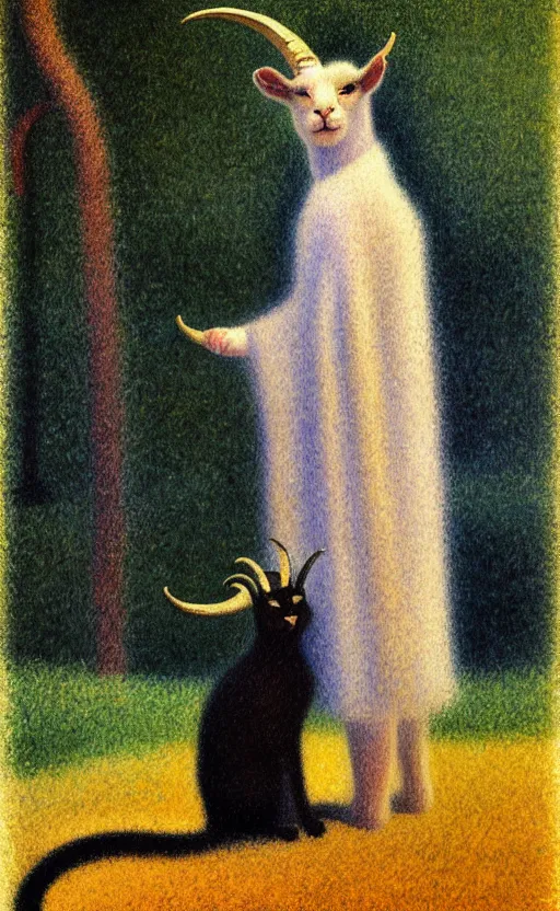 Image similar to a bipedal cat that has two goat horns and is wearing robes, matte oil painting, by georges seurat, d & d, character reveal, fantasy, concept art, cosmic, magical, fog, noble, full body portrait, intricate, ornate, extremely detailed, cult, ritual, sharp focus, 4 k, 8 k