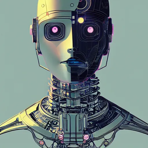 Image similar to a cybernetic mannequin by victo ngai and jakub rebelka and syd mead, trending on artstation