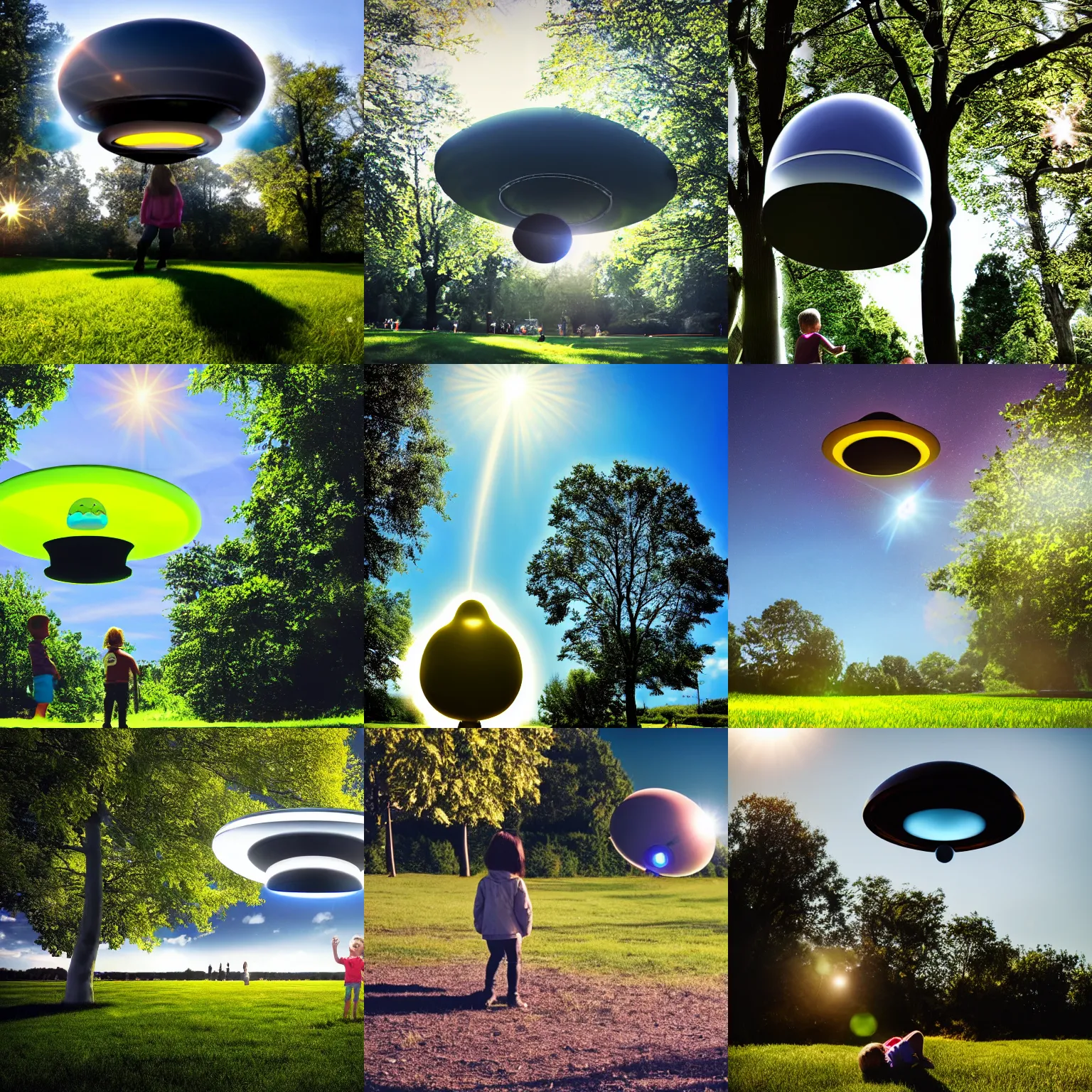 Prompt: ominous ufo in the park beaming up a child, beautiful sunny day, hyperrealistic, canon eos, 4 k