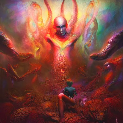 Prompt: dmt trip interdimensional beings reveal the truth by raymond swanland, highly detailed, bright tones