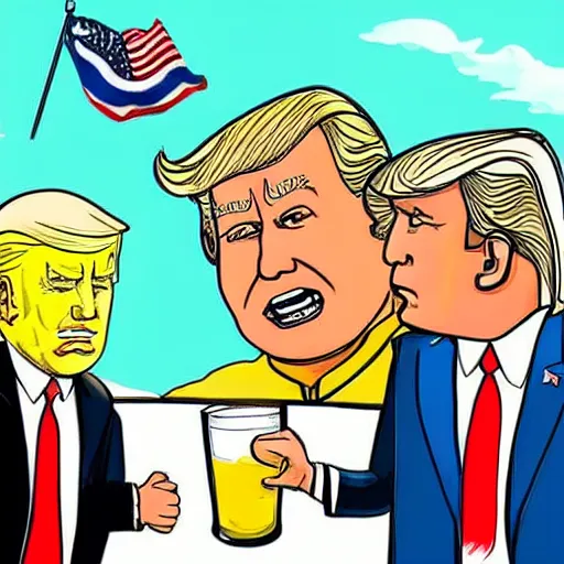 Image similar to cartoon drawing of Biden and Trump together drinking a lemon drink with Rio de Janeiro mountains on the background