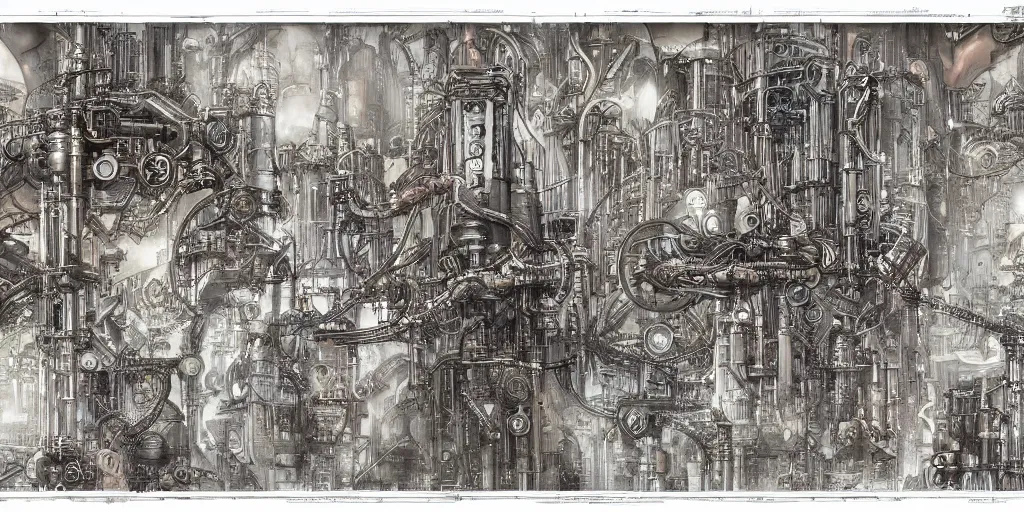 Image similar to a full page concept designs of a metropolis 1950s robotic device, steampunk blueprint, intricate details, ink on paper, scientific, Highly detailed labeled, poster, peter mohrbacher 8k