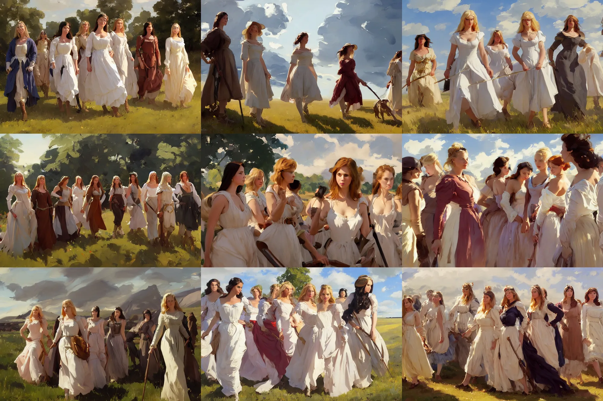 Prompt: group of beautiful finnish norwegian swedish scandinavian attractive glamour models wearing 1 7 th century mantua with low neckline walking in the field in a sunny day, jodhpurs greg manchess painting by sargent and leyendecker, studio ghibli fantasy close - up shot asymmetrical intricate elegant matte painting illustration hearthstone, by greg rutkowski by greg tocchini by james gilleard