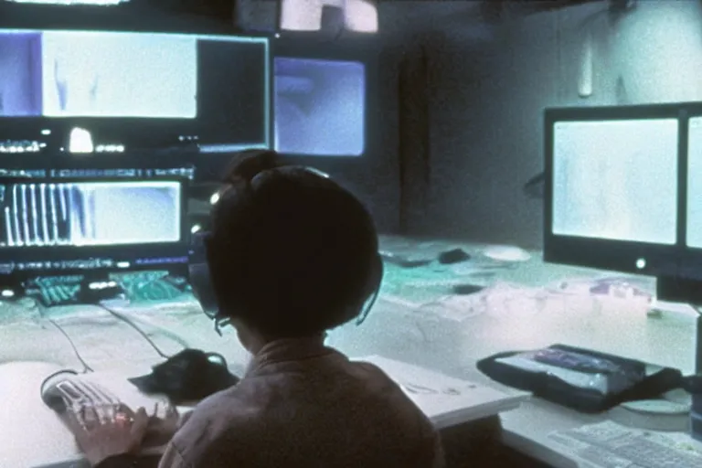 Image similar to alien using a computer to check her email submerged in translucent goo, over the shoulder perspective, in 1 9 8 5, y 2 k cybercore, industrial photography, still from a kiyoshi kurosawa movie