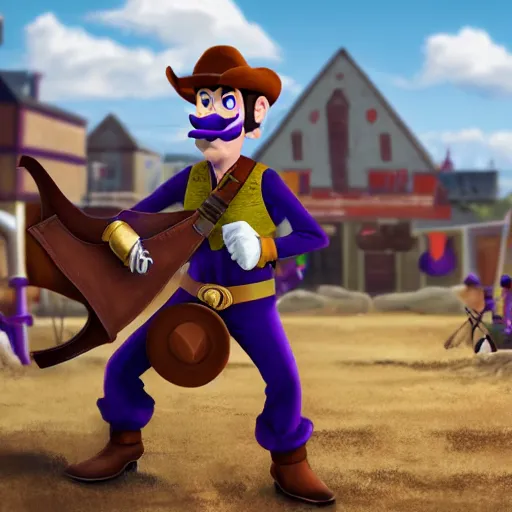 Prompt: waluigi from the mario series dressed as a cowboy fighting outlaws in a town, cinematic still frame oil painting, high detailed painting, greatly illustrated, photo - realistic painting )