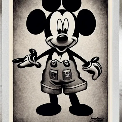 Image similar to mickey mouse art work. ww 2 propaganda poster. dark, hyper realistic by hr giger