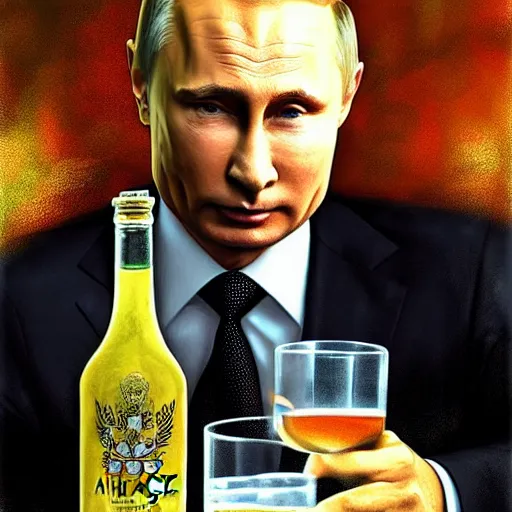 Image similar to putin holding a bottle of israeli arak, cinematic, beautiful digital painting, hyper detailed