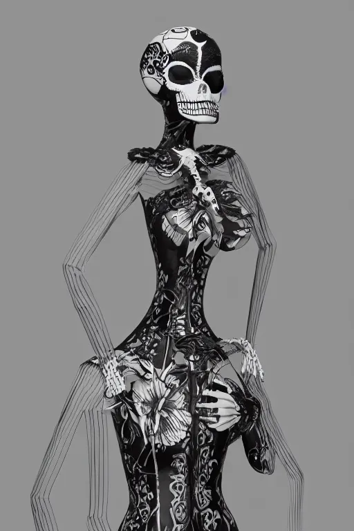 Prompt: la catrina statue made in pure glass showing her heart beating inside her transparent chest, realistic, renderized with cinema 4 d and unreal engine 5, 8 k