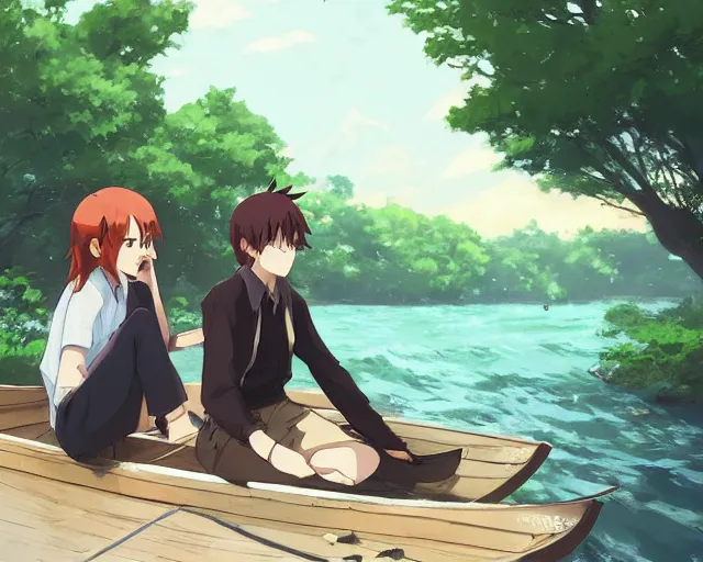 Prompt: a boy and a girl with long flowing auburn hair, boy has short black hair, sitting next to each other, facing the river in one single boat. Atmospheric lighting, long shot, romantic, boy and girl are the focus, trees, blue water, narrow river, close river bank, shady. Anime. By Makoto Shinkai, Stanley Artgerm Lau, WLOP, Rossdraws, James Jean, Andrei Riabovitchev, Marc Simonetti, krenz cushart, Sakimichan, D&D trending on ArtStation, digital art.