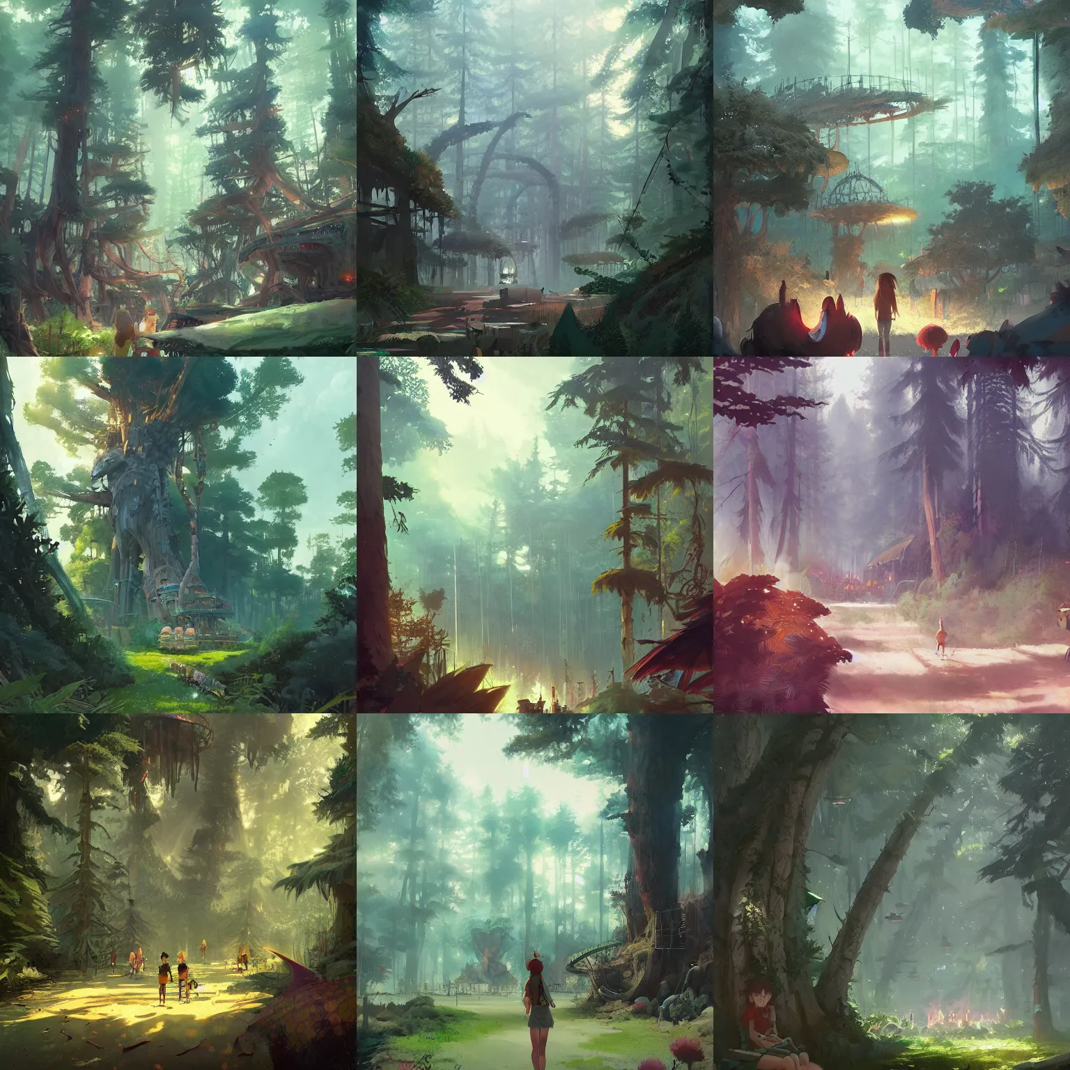 Prompt: Forestpunk Naturecore Amusement Park by Studio Ghibli and Greg Rutkowski, artstation