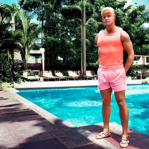 Prompt: a handsome man with blonde hair, ken, who is a male android, muscular, wearing a cut - off pink top and short light orange shorts, stands by a swimming pool