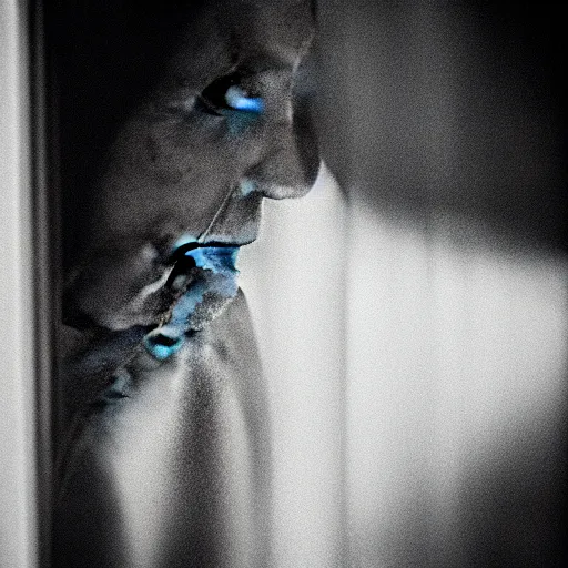 Prompt: black and white photograph portrait of a depressed mature woman standing by the window, natural light, lomo, film grain, soft vignette, sigma 85mm f/1.4 1/10 sec shutter