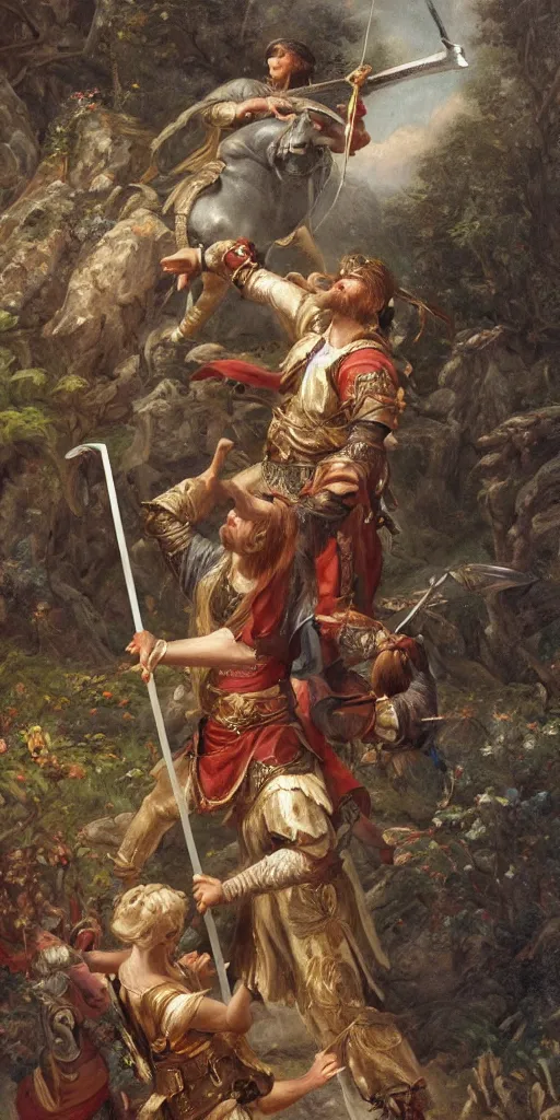 Image similar to a stunning and noble highly detailed romantic period style painting of young king arthur pulling the sword from the stone by james jean, josep tapiro baro and harles sillem lidderdale, trending on artstation, oil painting masterpiece, symmetry, rule of thirds, mysterious