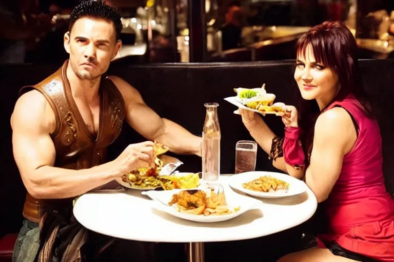 Image similar to lucu lawless as xena warrior princess eating at a restaurant with a handsome cuban man wearing a suit