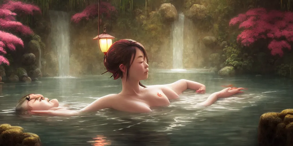 Prompt: painting of woman bathing in private magical empty onsen next to japanese inn with levitating lanterns and flowers by greg rutkowski craig mullins ross tran mucha cozy hot springs bonsai zen garden steamy flowers japanese motifs lumen reflections concept art clear focus fantasy specular lighting global illumination trending on artstation