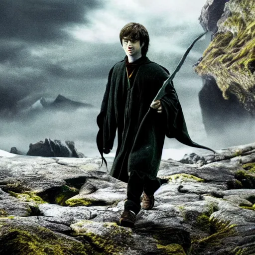 Image similar to daniel radcliffe as harry potter walking, in orodruin from lord of the rings, lava, mountain